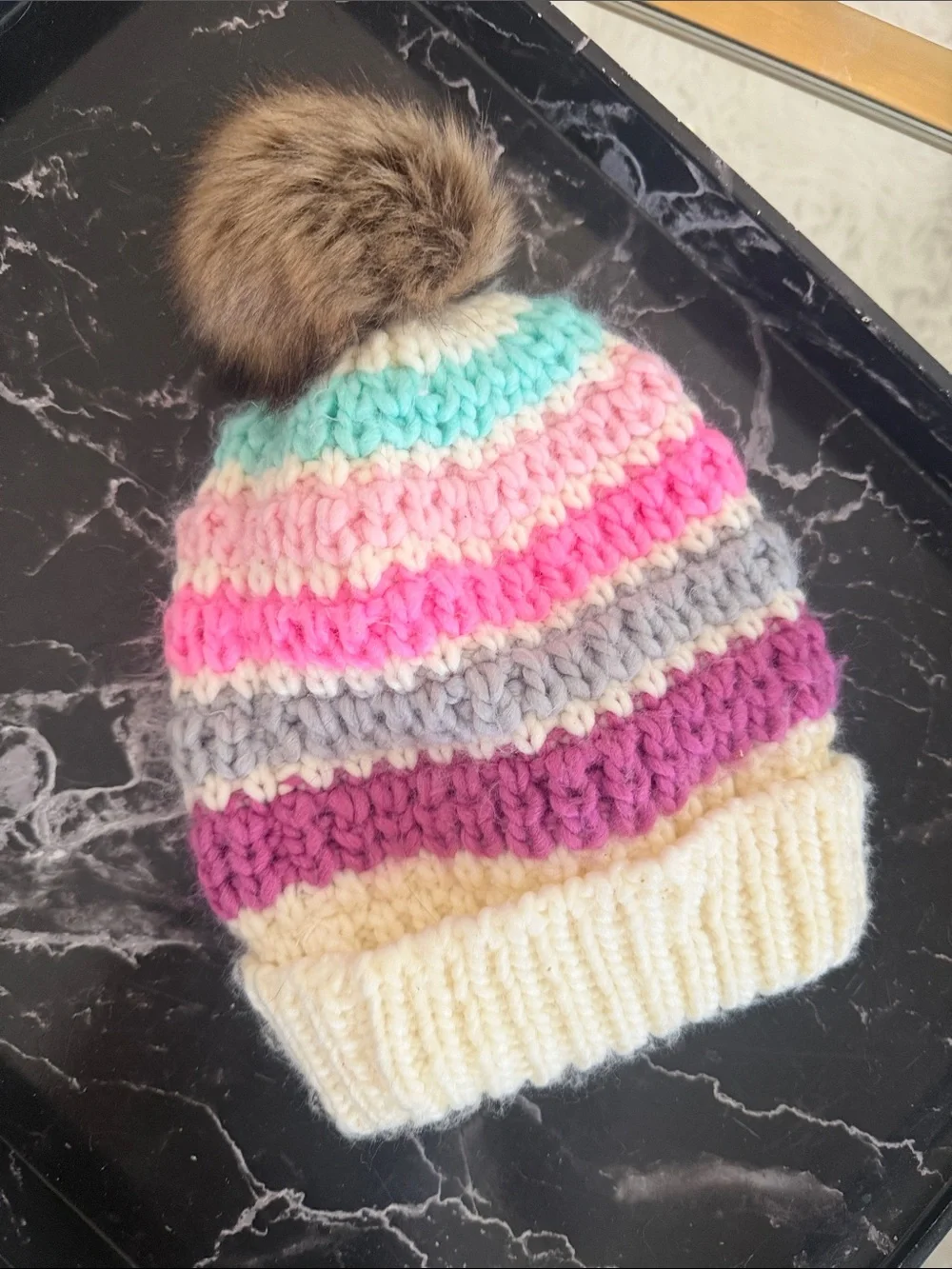 Striped Knit Pom Pom Beanie for Kids - Cream, Pink, Purple, Gray, Mint
